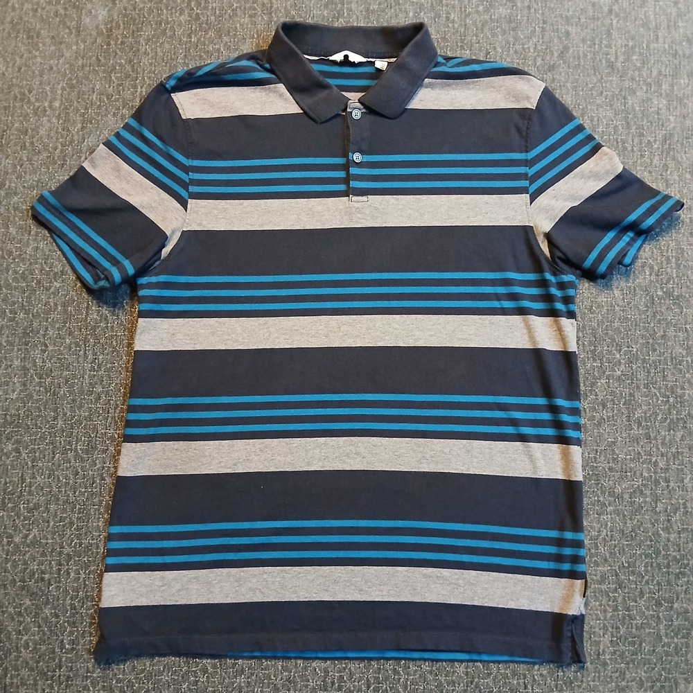 Calvin Klein Mens Medium Polo Shirt Navy Grey Teal Striped Short Sleeve Cotton